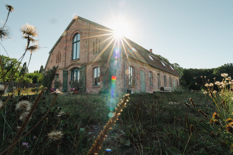 Das Stallgebäude im Gegenlicht der Sonne